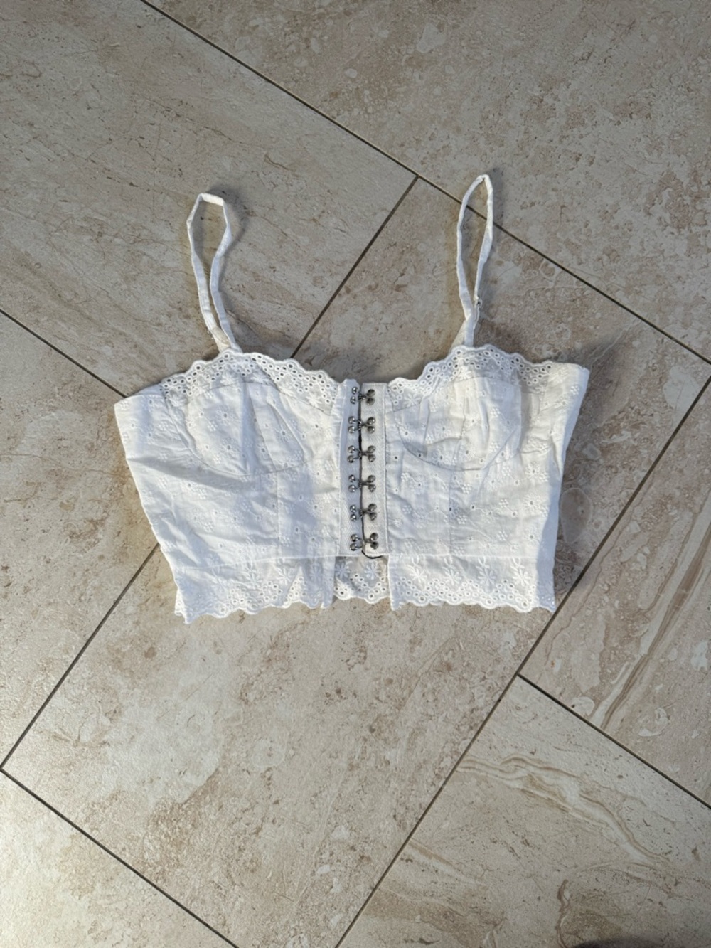Fashion Nova White Eyelet Lace Hook-Front Corset Crop Top